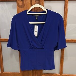 White House Black Market Blue Wrap Blouse with Flutter Sleeves​